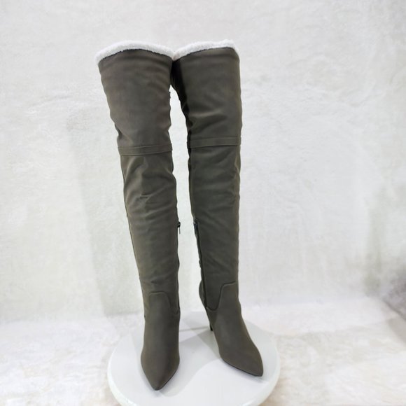 Olive Green Fluffy Fleece Lined  Fold Under / Over the Knee Pointy Toe Boots - Picture 7 of 13